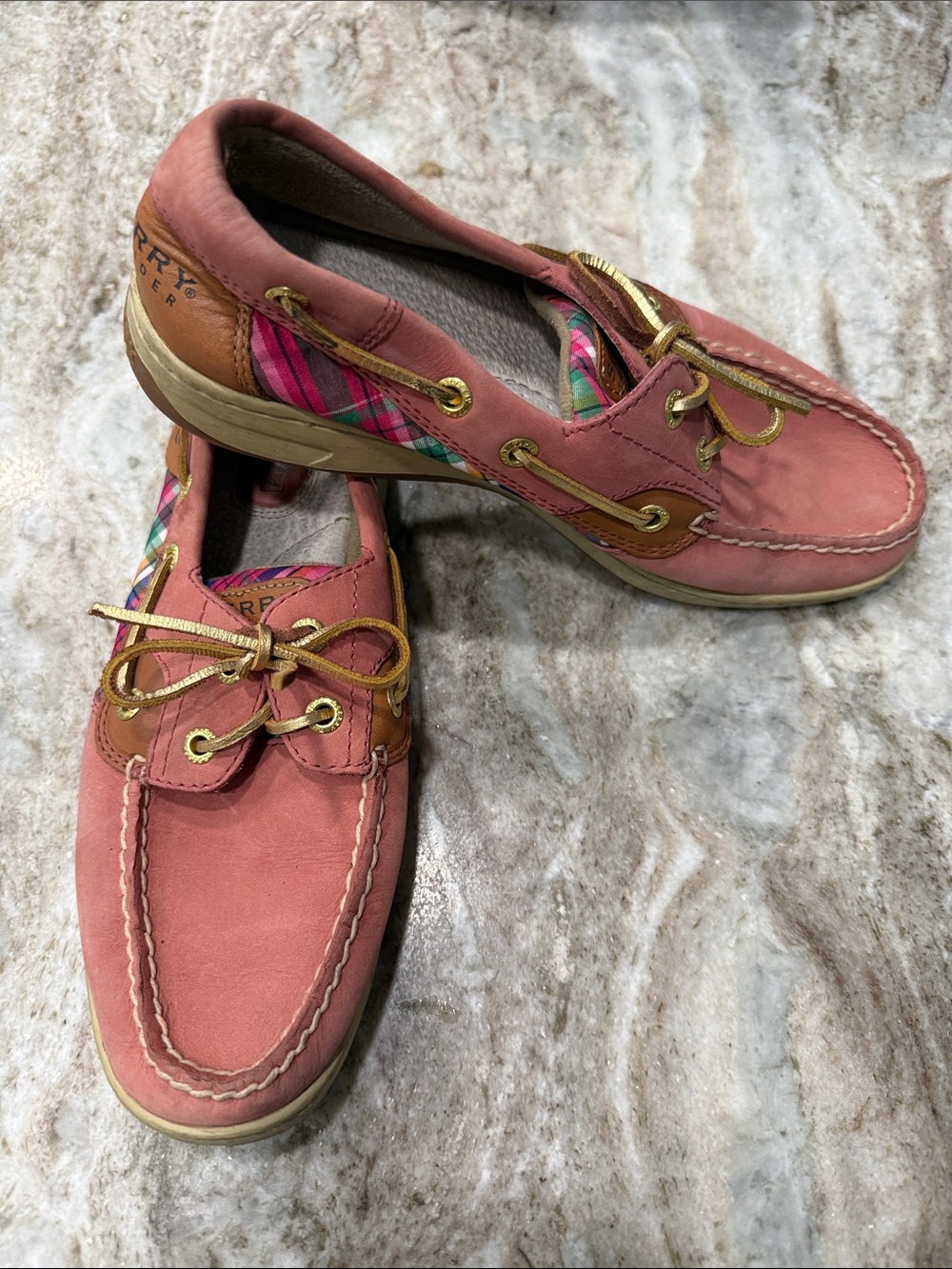 Sperry Coral Pink Moccasin Boat Shoes with Plaid Accent
